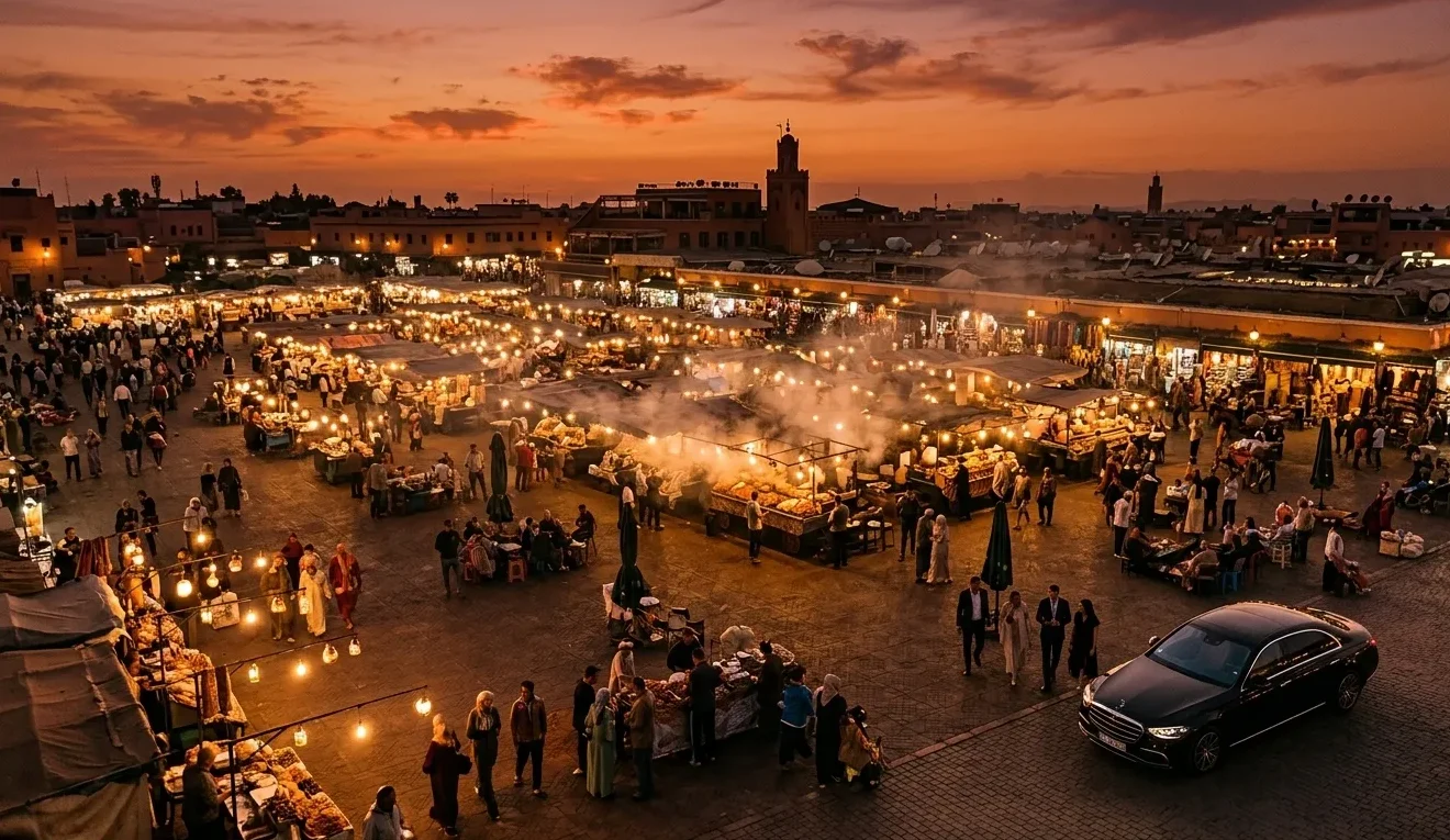 Place Jemaa el-Fna animée en soirée à Marrakech